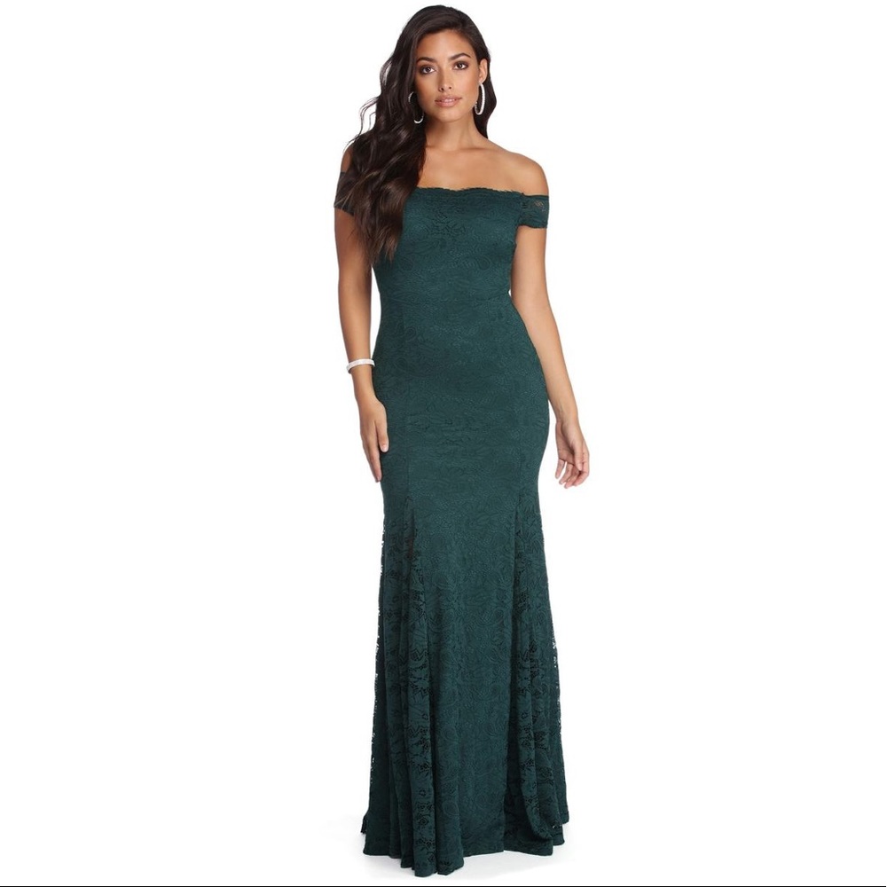 Emerald Lace, Off Shoulder Maxi Dress